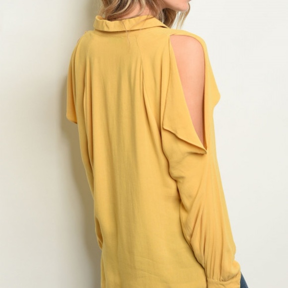 MUSTARD COLD SHOULDER BUTTON DOWN TOP - Picture 2 of 4